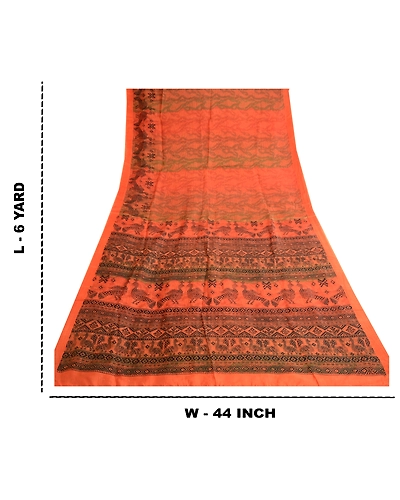 Sanskriti Vintage Orange Sarees Pure Silk Peacock Printed Sari 5Yd Craft Fabric, PR-57797-Orange-Printed Floral Design-Pure Silk-8