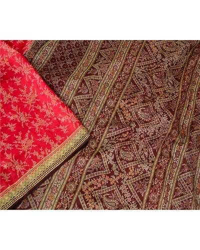 Sanskriti Vintage Scarlet Indian Sarees 100% Pure Silk Printed Sari Craft Fabric, PR-57821-Scarlet-Printed Floral Design-Pure Silk-1