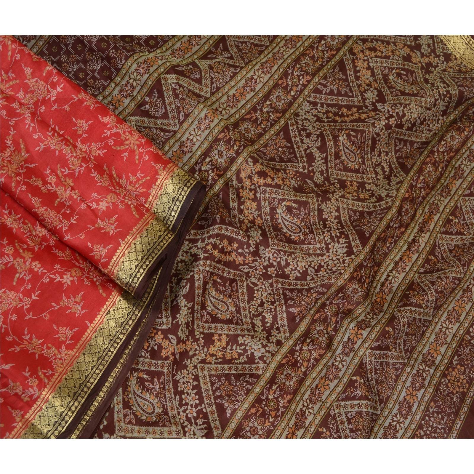 Sanskriti Vintage Scarlet Indian Sarees 100% Pure Silk Printed Sari Craft Fabric, PR-57821-Scarlet-Printed Floral Design-Pure Silk-2