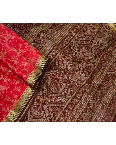 Sanskriti Vintage Scarlet Indian Sarees 100% Pure Silk Printed Sari Craft Fabric, PR-57821-Scarlet-Printed Floral Design-Pure Silk-2