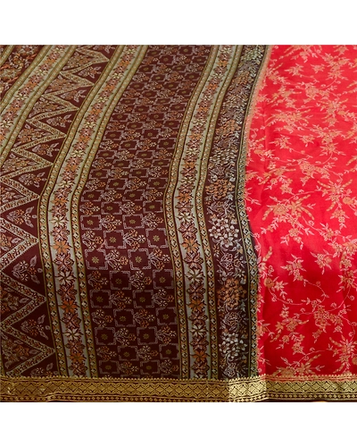 Sanskriti Vintage Scarlet Indian Sarees 100% Pure Silk Printed Sari Craft Fabric, PR-57821-Scarlet-Printed Floral Design-Pure Silk-3