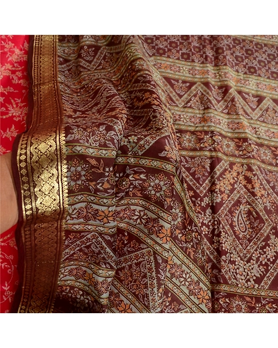 Sanskriti Vintage Scarlet Indian Sarees 100% Pure Silk Printed Sari Craft Fabric, PR-57821-Scarlet-Printed Floral Design-Pure Silk-5