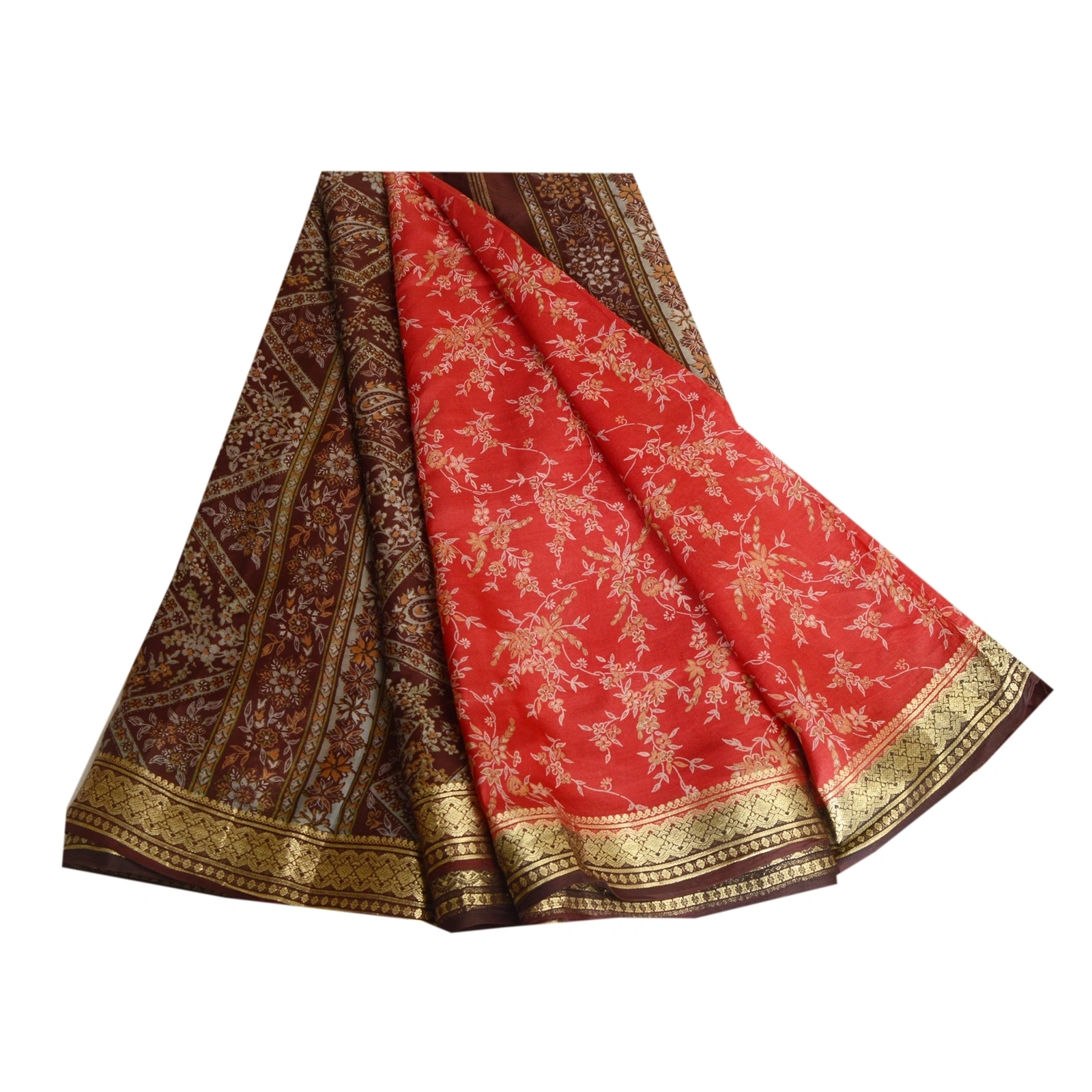 Sanskriti Vintage Scarlet Indian Sarees 100% Pure Silk Printed Sari Craft Fabric, PR-57821-Scarlet-Printed Floral Design-Pure Silk-6