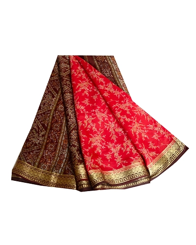 Sanskriti Vintage Scarlet Indian Sarees 100% Pure Silk Printed Sari Craft Fabric, PR-57821-Scarlet-Printed Floral Design-Pure Silk-6