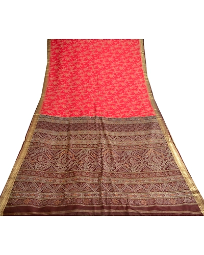 Sanskriti Vintage Scarlet Indian Sarees 100% Pure Silk Printed Sari Craft Fabric, PR-57821-Scarlet-Printed Floral Design-Pure Silk-7