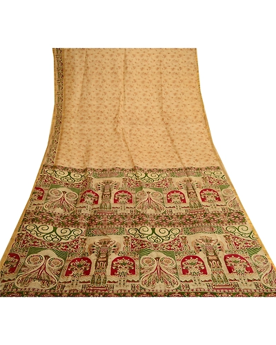 Sanskriti Vintage Brown Sarees Pure Silk Printed Zari Border Sari Craft Fabric, PR-57843-Brown-Printed Floral Design-Pure Silk-7
