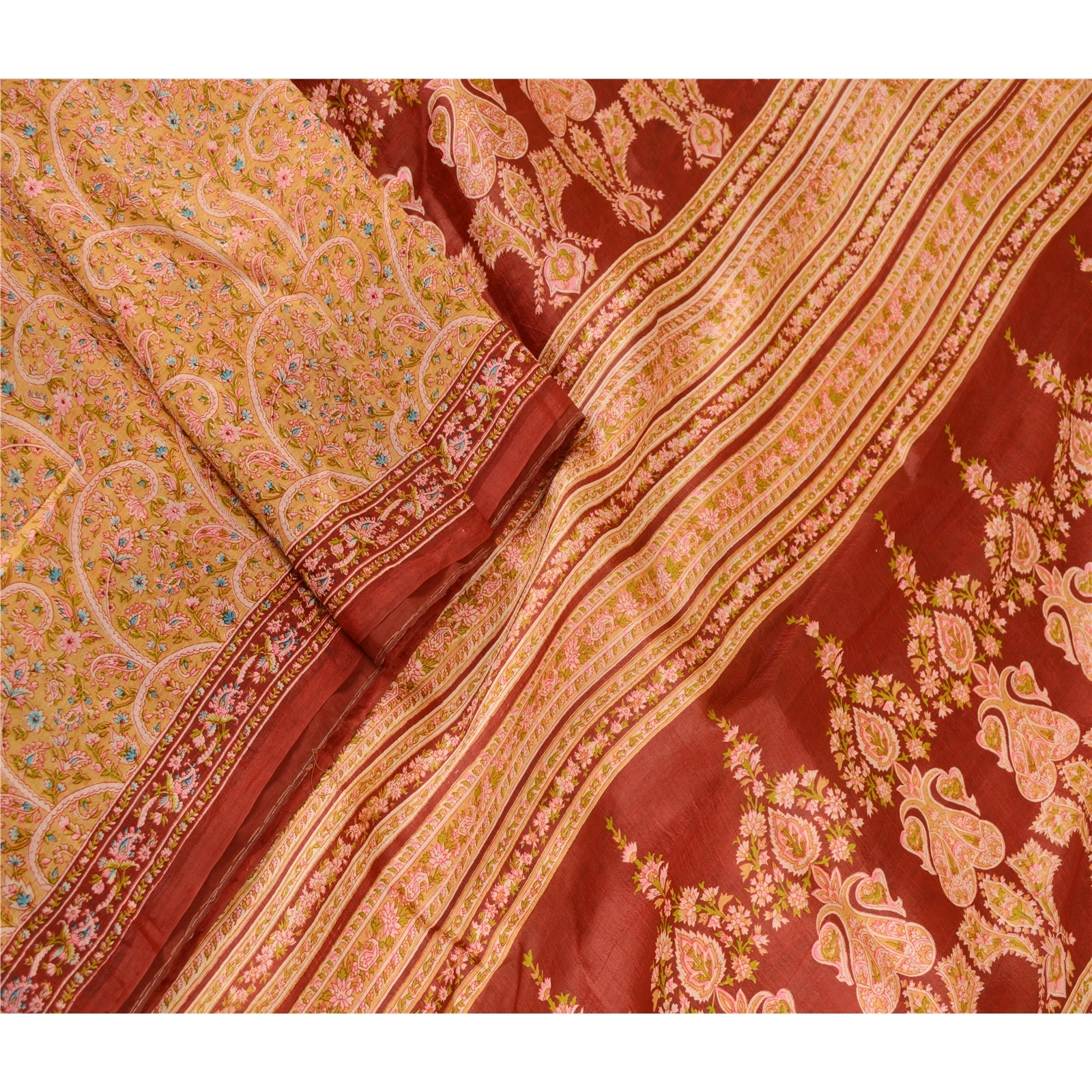 Sanskriti Vintage Cream Indian Sarees Pure Silk Printed Sari Floral Craft Fabric, PR-57858-Cream-Printed Floral Design-Pure Silk-1