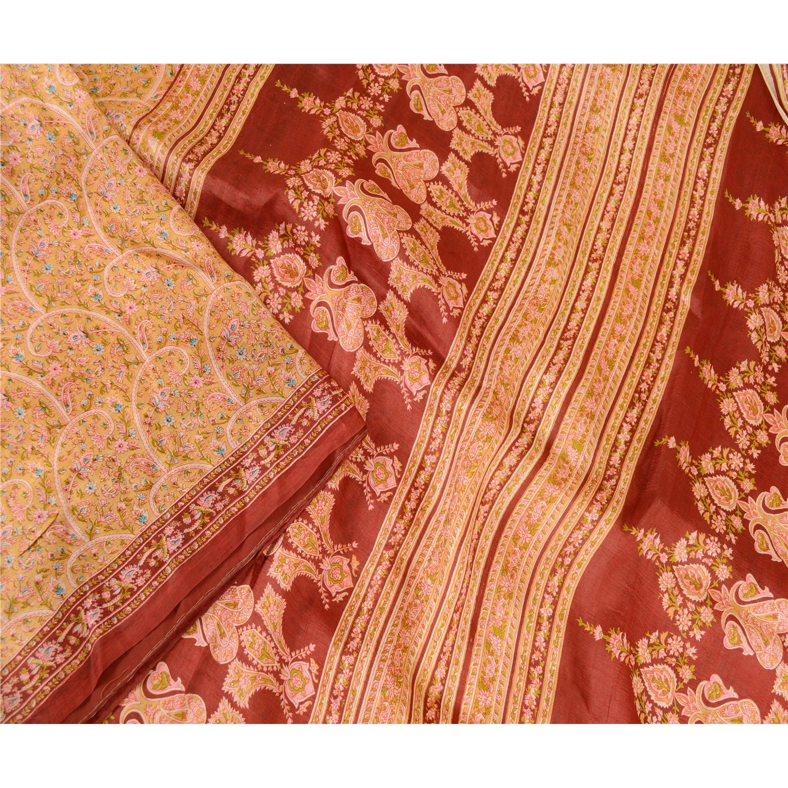 Sanskriti Vintage Cream Indian Sarees Pure Silk Printed Sari Floral Craft Fabric, PR-57858-Cream-Printed Floral Design-Pure Silk-2