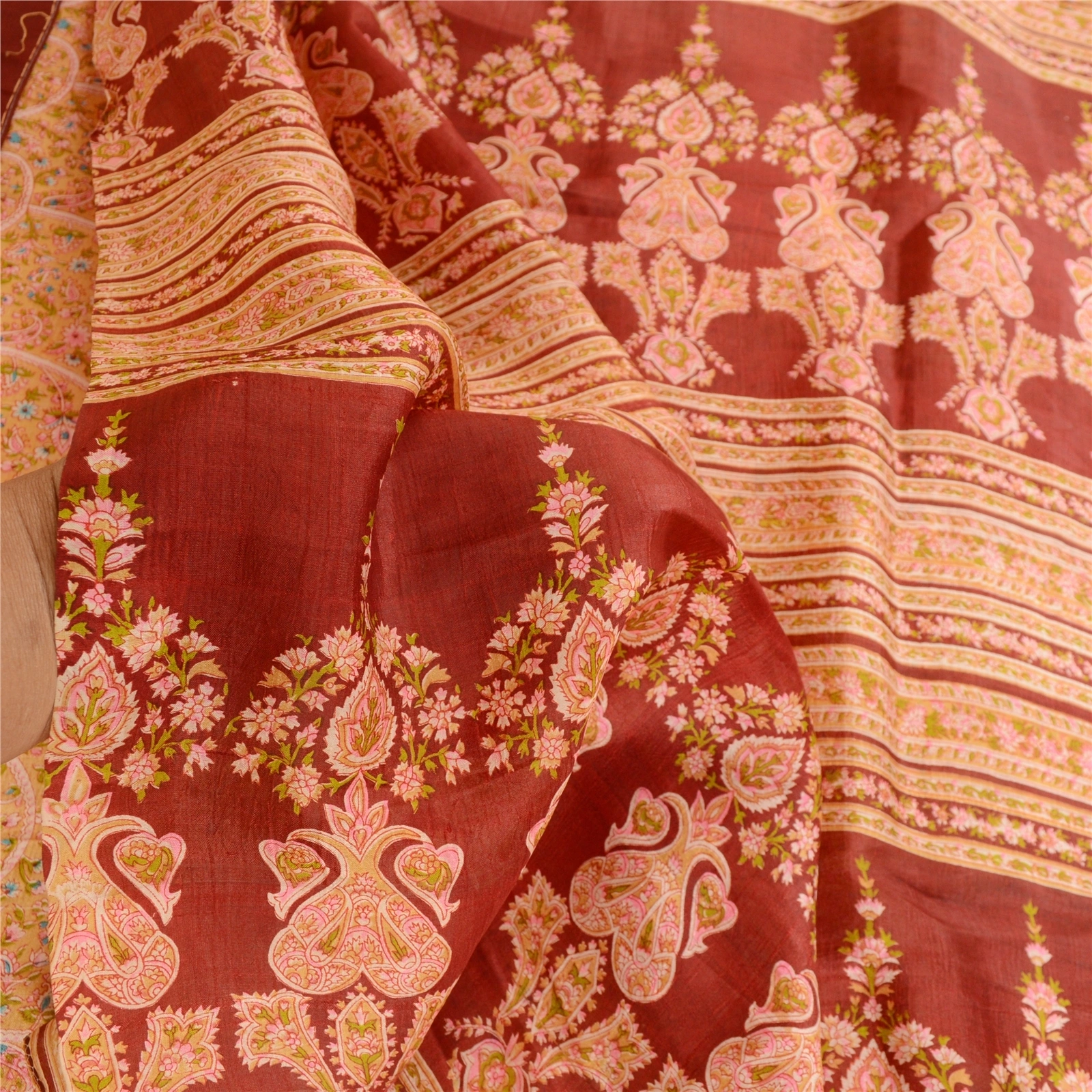 Sanskriti Vintage Cream Indian Sarees Pure Silk Printed Sari Floral Craft Fabric, PR-57858-Cream-Printed Floral Design-Pure Silk-5