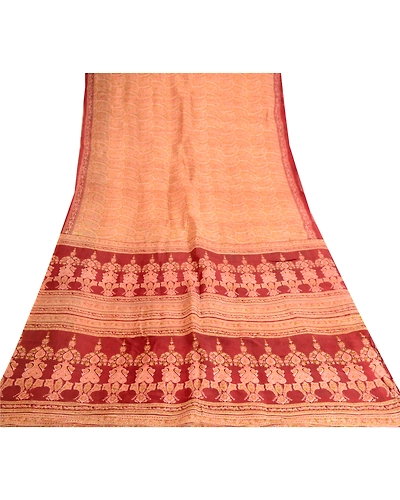 Sanskriti Vintage Cream Indian Sarees Pure Silk Printed Sari Floral Craft Fabric, PR-57858-Cream-Printed Floral Design-Pure Silk-7