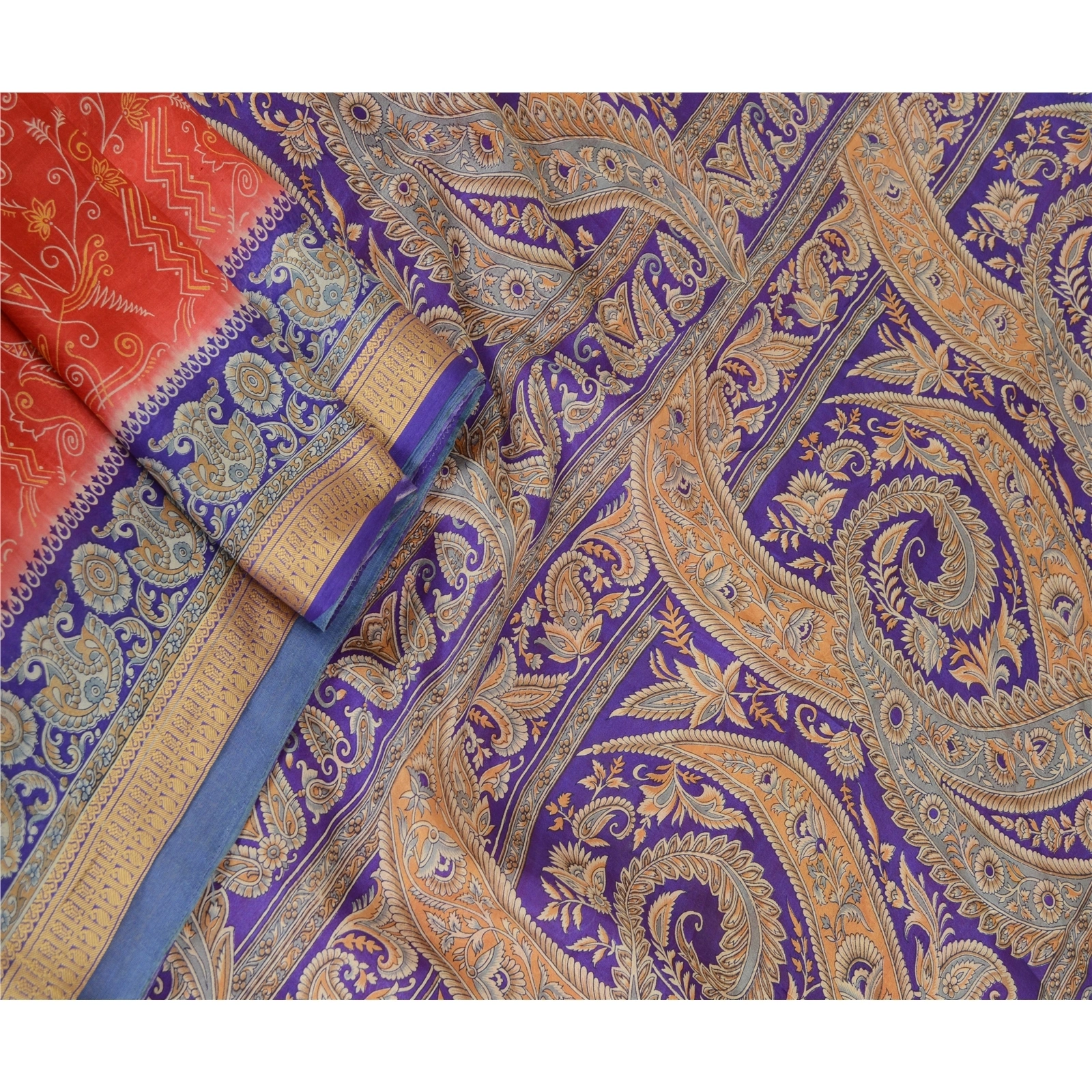 Sanskriti Vintage Indian Sarees Pure Silk Floral Printed Sari Craft 5Yd Fabric, PR-57890-Red &amp; Purple-100% Pure Silk-1