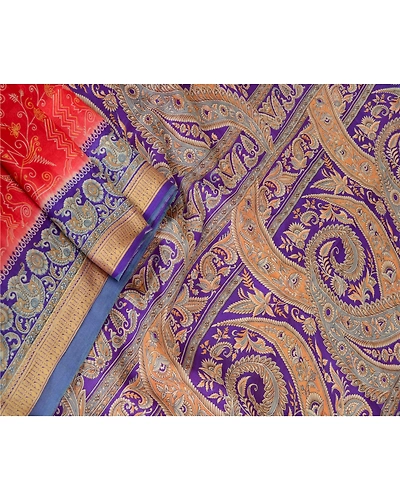 Sanskriti Vintage Indian Sarees Pure Silk Floral Printed Sari Craft 5Yd Fabric, PR-57890-Red &amp; Purple-100% Pure Silk-1