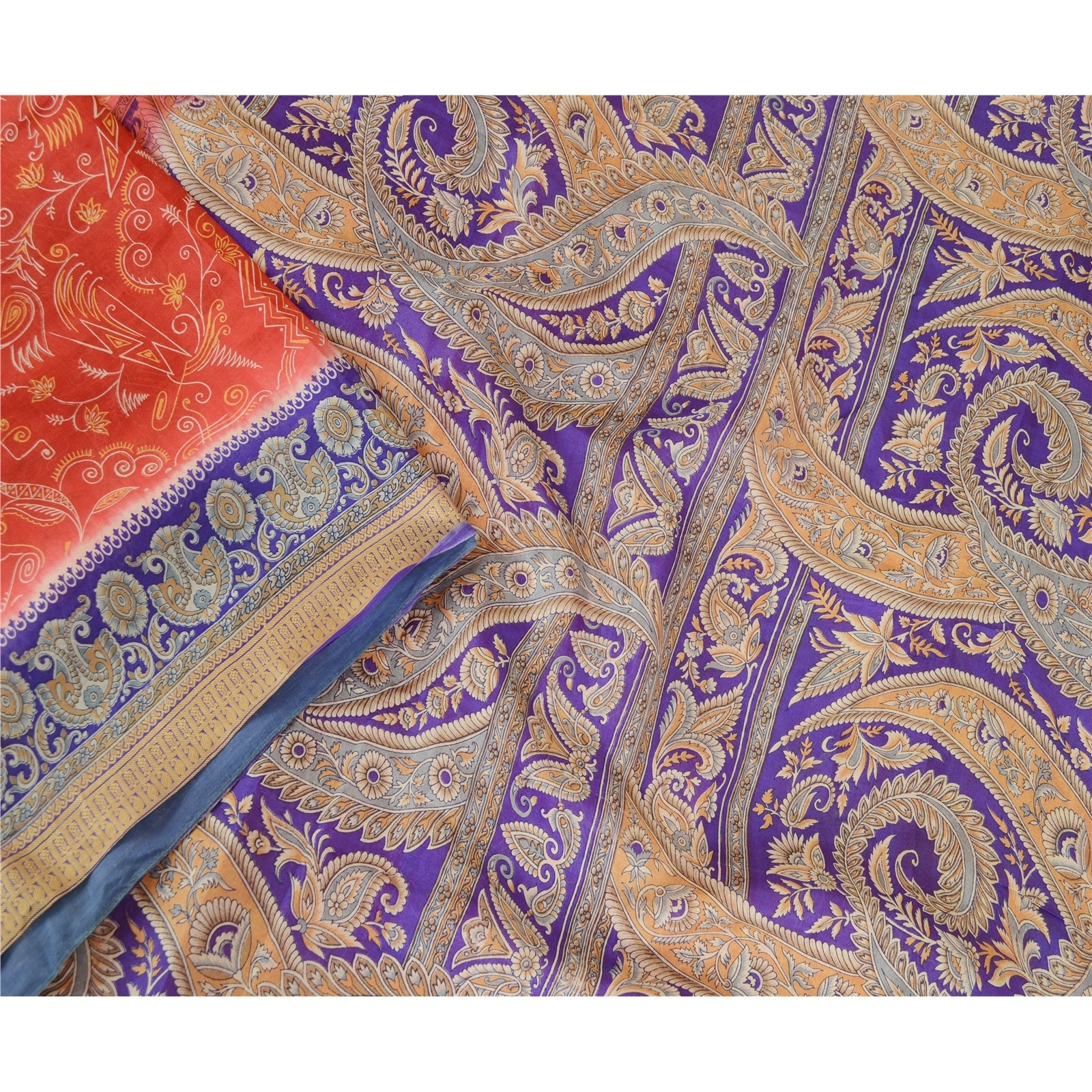 Sanskriti Vintage Indian Sarees Pure Silk Floral Printed Sari Craft 5Yd Fabric, PR-57890-Red &amp; Purple-100% Pure Silk-2