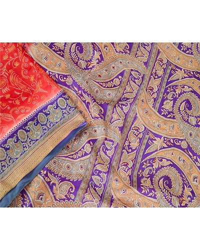 Sanskriti Vintage Indian Sarees Pure Silk Floral Printed Sari Craft 5Yd Fabric, PR-57890-Red &amp; Purple-100% Pure Silk-2