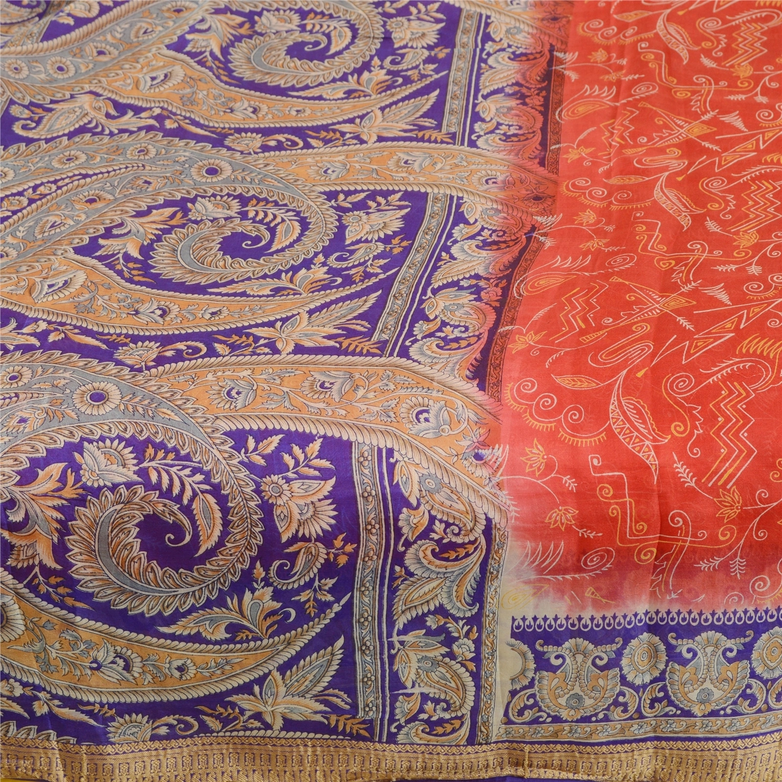 Sanskriti Vintage Indian Sarees Pure Silk Floral Printed Sari Craft 5Yd Fabric, PR-57890-Red &amp; Purple-100% Pure Silk-3