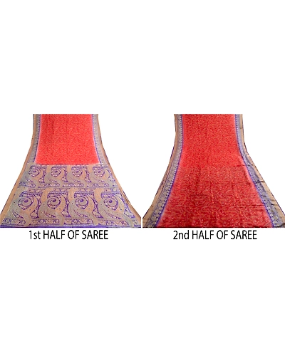 Sanskriti Vintage Indian Sarees Pure Silk Floral Printed Sari Craft 5Yd Fabric, PR-57890-Red &amp; Purple-100% Pure Silk-4
