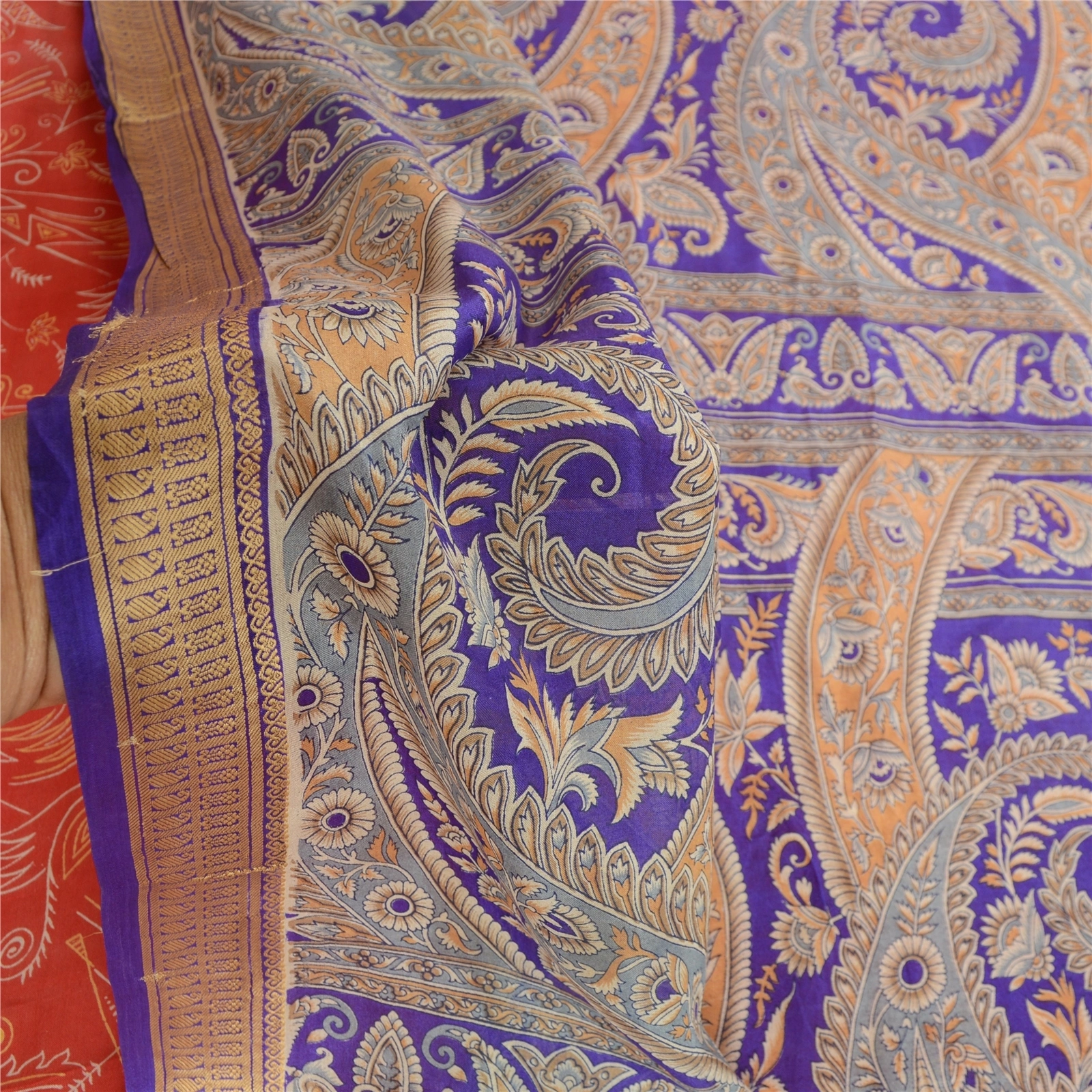 Sanskriti Vintage Indian Sarees Pure Silk Floral Printed Sari Craft 5Yd Fabric, PR-57890-Red &amp; Purple-100% Pure Silk-5