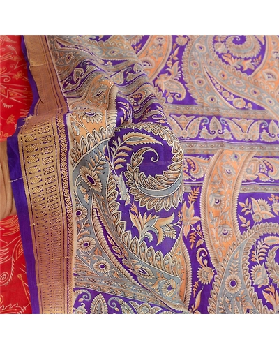 Sanskriti Vintage Indian Sarees Pure Silk Floral Printed Sari Craft 5Yd Fabric, PR-57890-Red &amp; Purple-100% Pure Silk-5