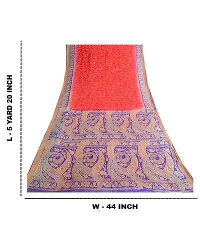 Sanskriti Vintage Indian Sarees Pure Silk Floral Printed Sari Craft 5Yd Fabric, PR-57890-Red &amp; Purple-100% Pure Silk-6