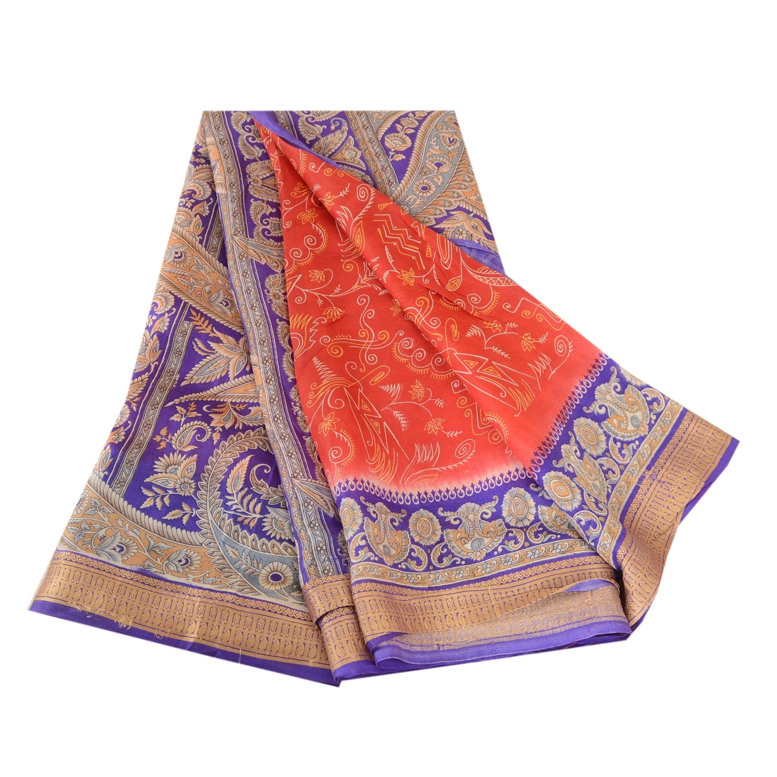 Sanskriti Vintage Indian Sarees Pure Silk Floral Printed Sari Craft 5Yd Fabric, PR-57890-Red &amp; Purple-100% Pure Silk-8