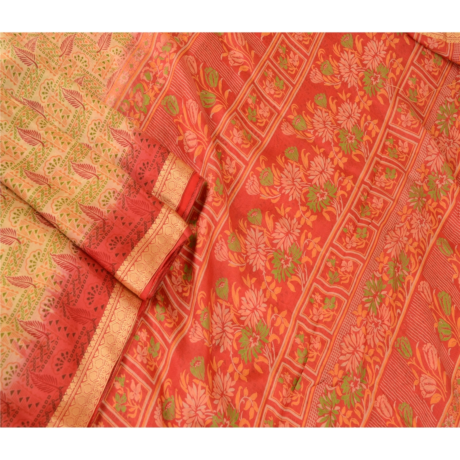 Sanskriti Vintage Red &amp; Cream Sarees Pure Silk Zari Border Printed Sari Fabric, PR-57903-Red &amp; Cream-Printed Floral Design-Pure Silk-1