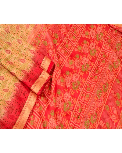 Sanskriti Vintage Red &amp; Cream Sarees Pure Silk Zari Border Printed Sari Fabric, PR-57903-Red &amp; Cream-Printed Floral Design-Pure Silk-1
