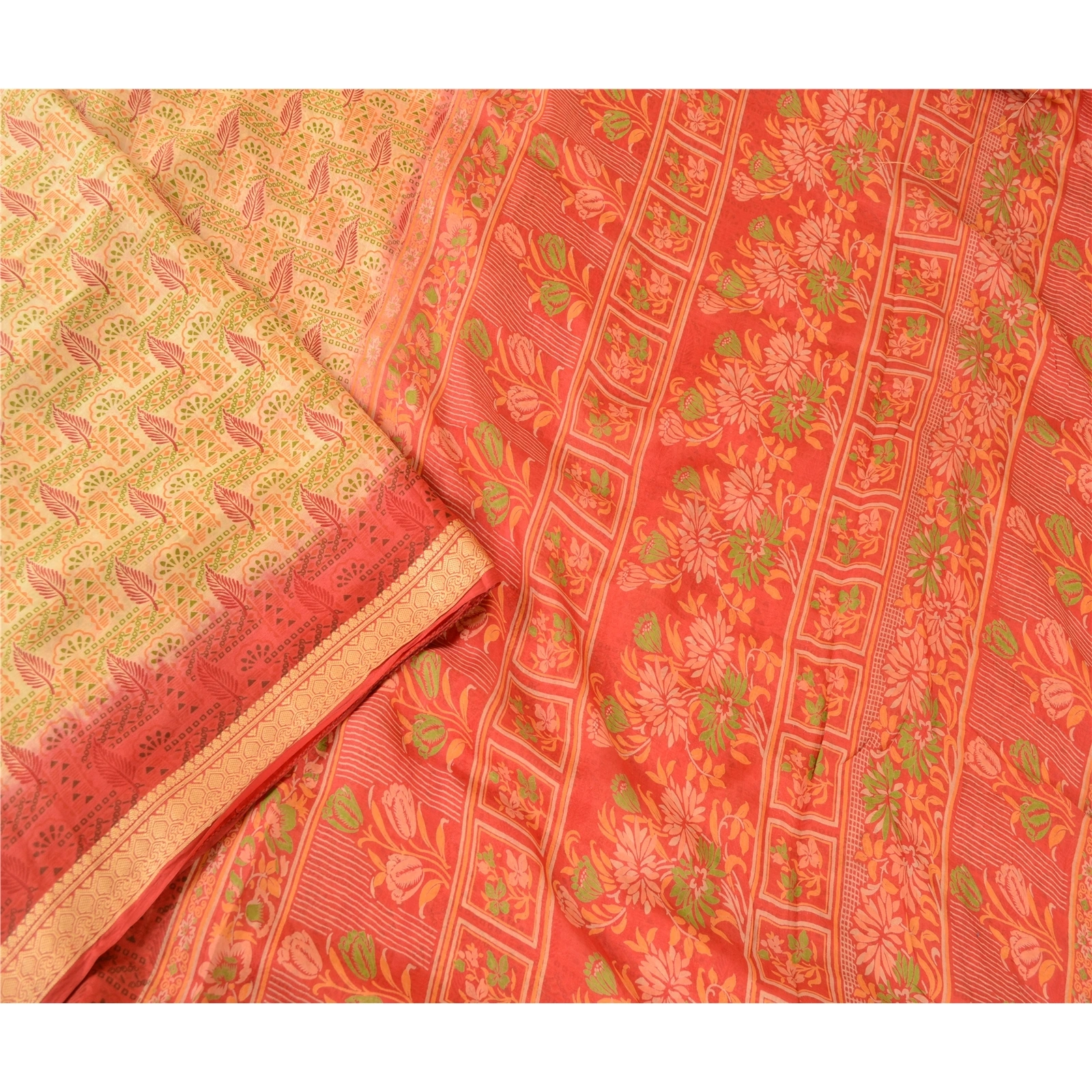 Sanskriti Vintage Red &amp; Cream Sarees Pure Silk Zari Border Printed Sari Fabric, PR-57903-Red &amp; Cream-Printed Floral Design-Pure Silk-2