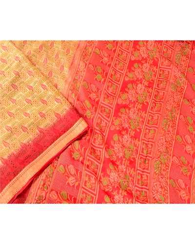 Sanskriti Vintage Red &amp; Cream Sarees Pure Silk Zari Border Printed Sari Fabric, PR-57903-Red &amp; Cream-Printed Floral Design-Pure Silk-2