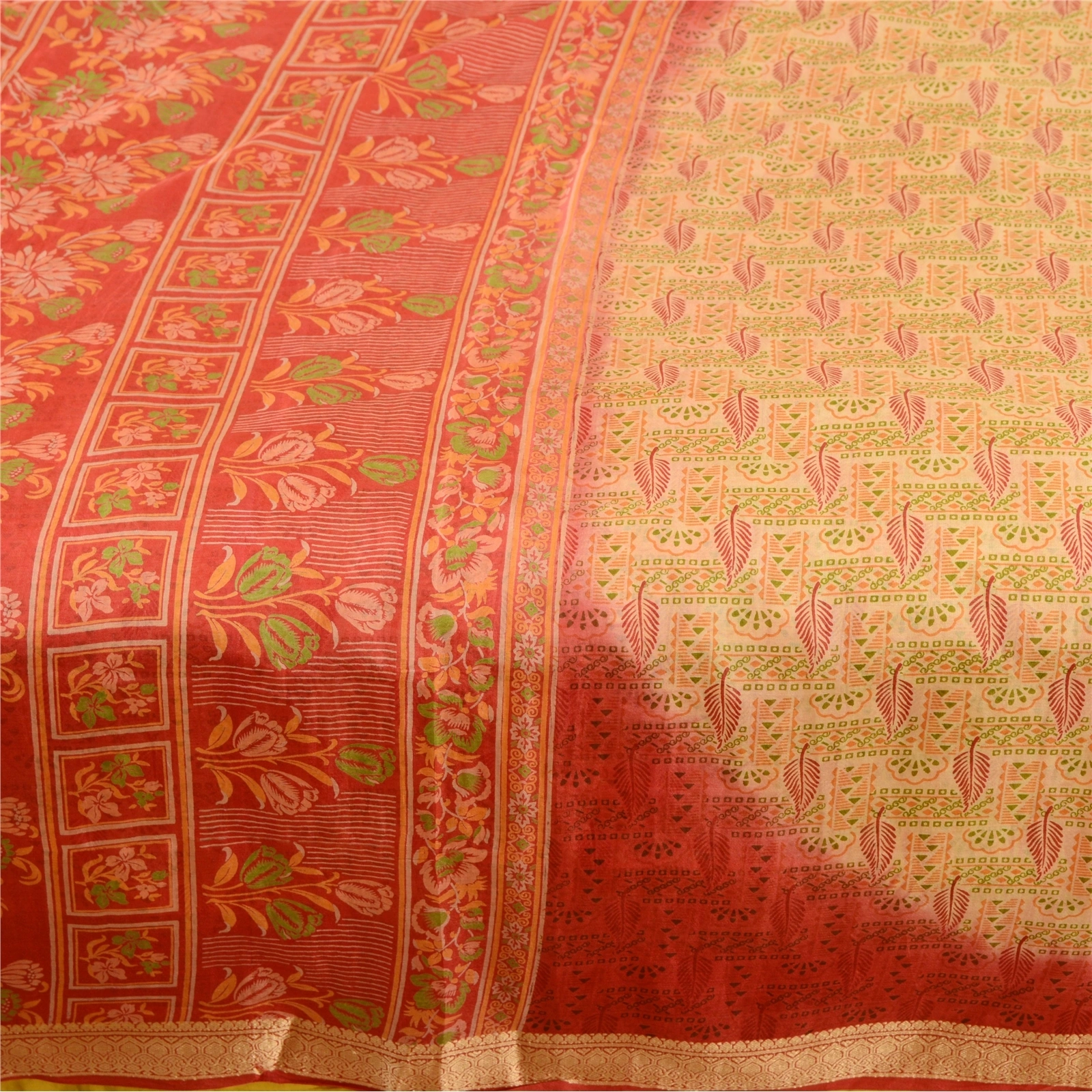 Sanskriti Vintage Red &amp; Cream Sarees Pure Silk Zari Border Printed Sari Fabric, PR-57903-Red &amp; Cream-Printed Floral Design-Pure Silk-3