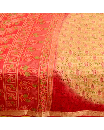 Sanskriti Vintage Red &amp; Cream Sarees Pure Silk Zari Border Printed Sari Fabric, PR-57903-Red &amp; Cream-Printed Floral Design-Pure Silk-3