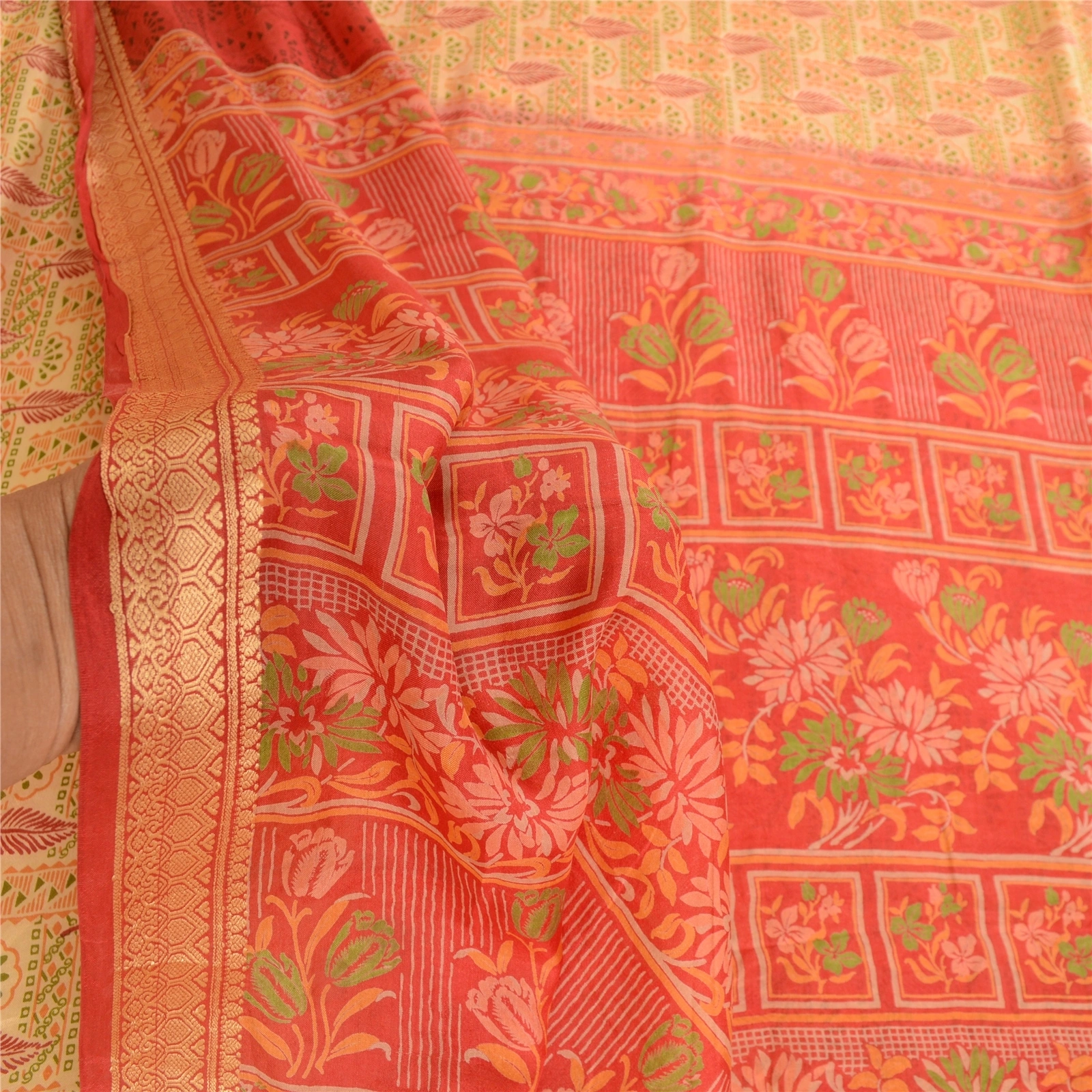 Sanskriti Vintage Red &amp; Cream Sarees Pure Silk Zari Border Printed Sari Fabric, PR-57903-Red &amp; Cream-Printed Floral Design-Pure Silk-5