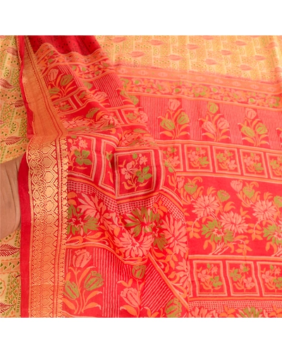 Sanskriti Vintage Red &amp; Cream Sarees Pure Silk Zari Border Printed Sari Fabric, PR-57903-Red &amp; Cream-Printed Floral Design-Pure Silk-5