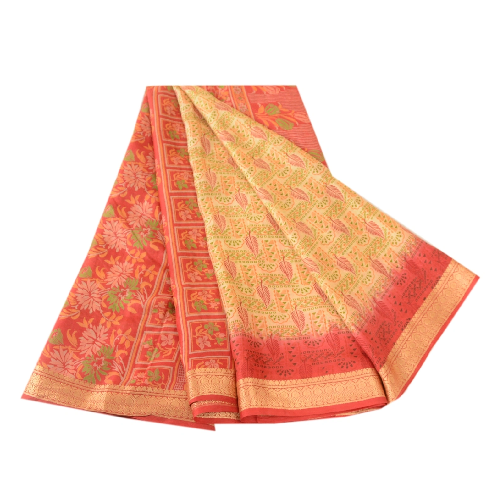 Sanskriti Vintage Red &amp; Cream Sarees Pure Silk Zari Border Printed Sari Fabric, PR-57903-Red &amp; Cream-Printed Floral Design-Pure Silk-6