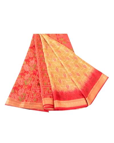 Sanskriti Vintage Red &amp; Cream Sarees Pure Silk Zari Border Printed Sari Fabric, PR-57903-Red &amp; Cream-Printed Floral Design-Pure Silk-6