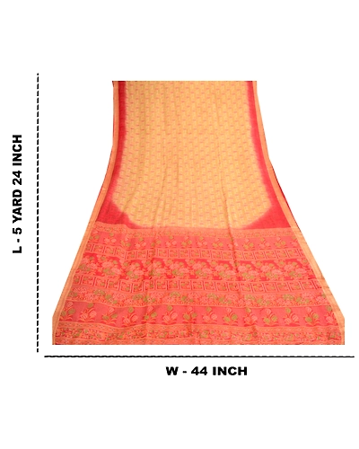 Sanskriti Vintage Red &amp; Cream Sarees Pure Silk Zari Border Printed Sari Fabric, PR-57903-Red &amp; Cream-Printed Floral Design-Pure Silk-8
