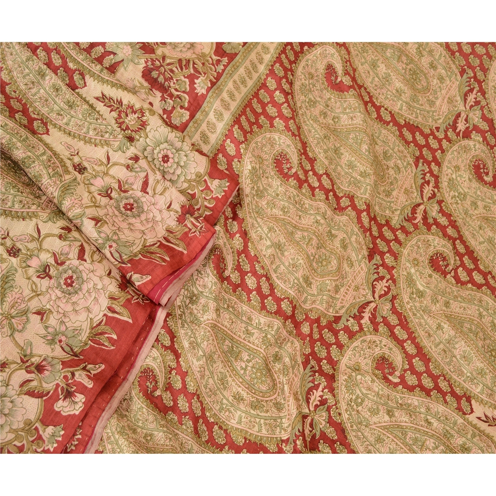 Sanskriti Vintage Dark Red Indian Printed Sarees Pure Silk Sari 5Yd Craft Fabric, PR-57916-Dark Red-Printed Floral Design-Pure Silk-1