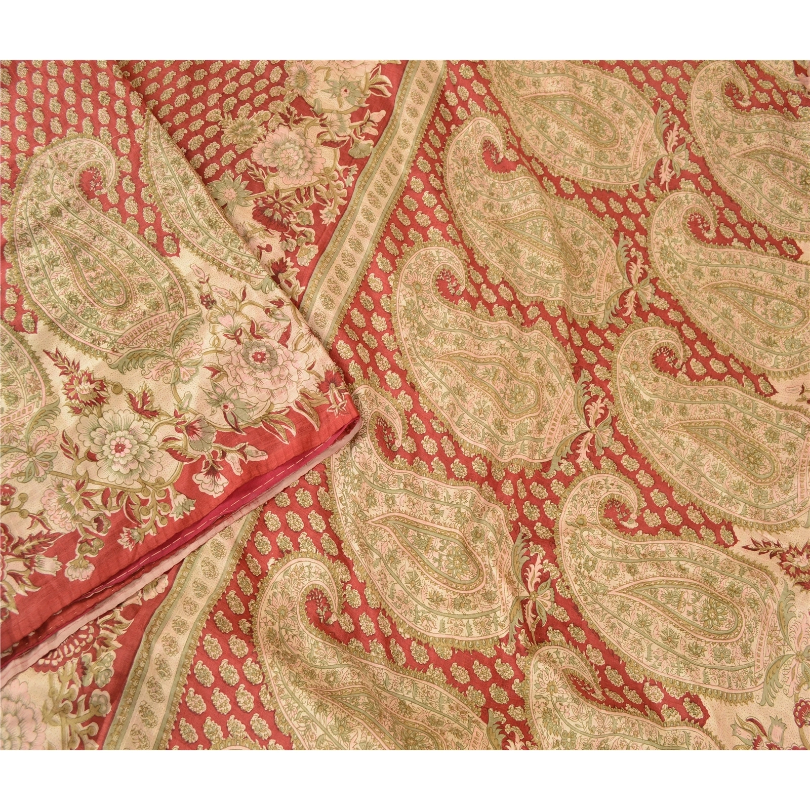 Sanskriti Vintage Dark Red Indian Printed Sarees Pure Silk Sari 5Yd Craft Fabric, PR-57916-Dark Red-Printed Floral Design-Pure Silk-2