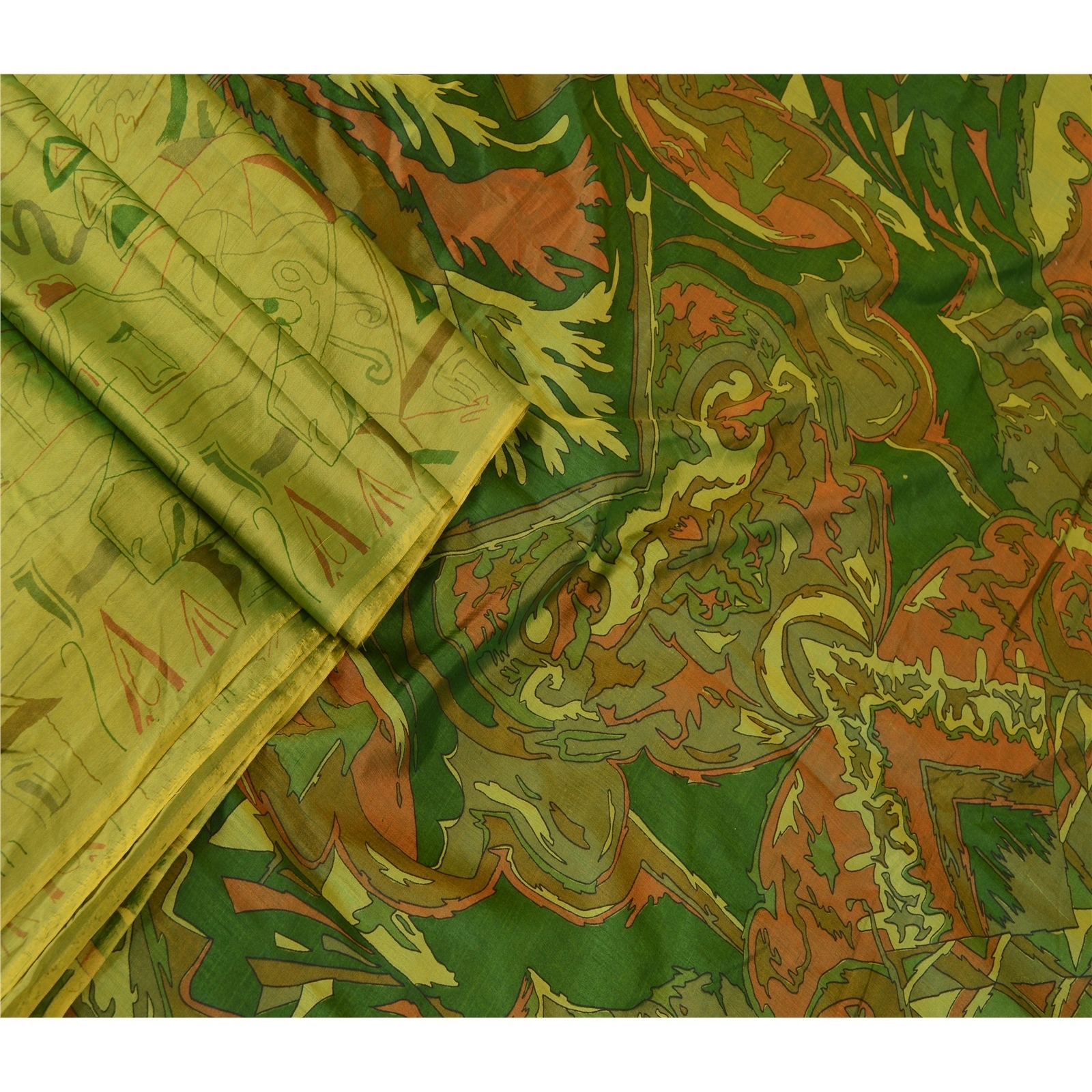 Sanskriti Vintage Indian Green Printed Sarees Pure Silk Sari Soft Craft Fabric, PR-57941-Green-Printed Floral Design-Pure Silk-1