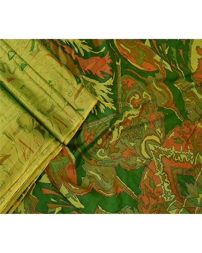 Sanskriti Vintage Indian Green Printed Sarees Pure Silk Sari Soft Craft Fabric, PR-57941-Green-Printed Floral Design-Pure Silk-1