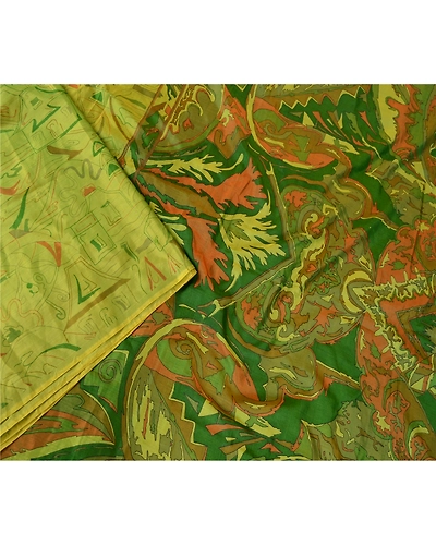Sanskriti Vintage Indian Green Printed Sarees Pure Silk Sari Soft Craft Fabric, PR-57941-Green-Printed Floral Design-Pure Silk-2