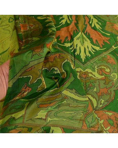 Sanskriti Vintage Indian Green Printed Sarees Pure Silk Sari Soft Craft Fabric, PR-57941-Green-Printed Floral Design-Pure Silk-5