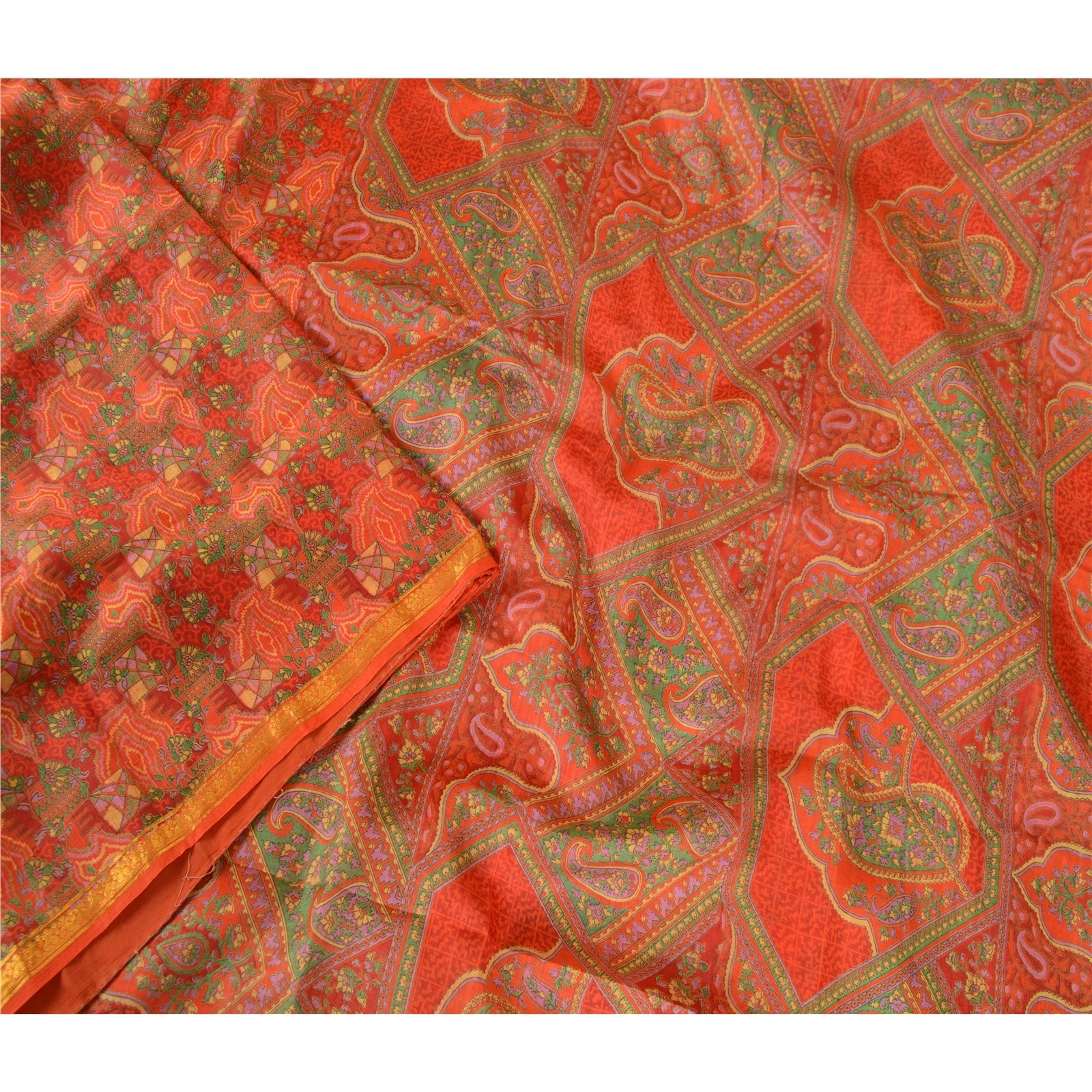 Sanskriti Vintage Red Printed Zari Border Sarees Pure Silk Sari 5Yd Craft Fabric, PR-57971-Red-Printed Floral Design-Pure Silk-2