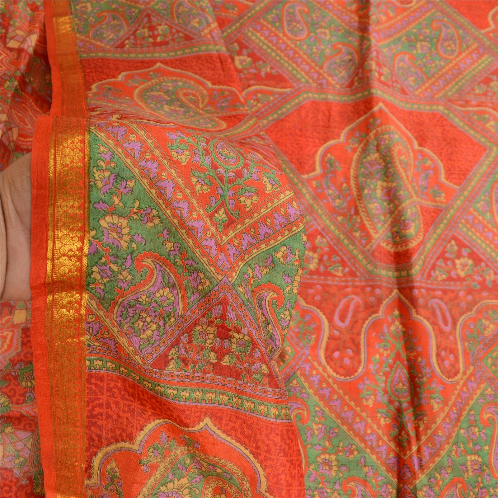 Sanskriti Vintage Red Printed Zari Border Sarees Pure Silk Sari 5Yd Craft Fabric, PR-57971-Red-Printed Floral Design-Pure Silk-5