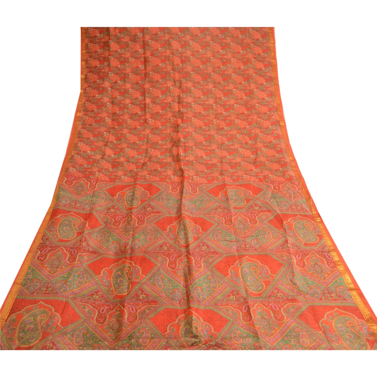 Sanskriti Vintage Red Printed Zari Border Sarees Pure Silk Sari 5Yd Craft Fabric, PR-57971-Red-Printed Floral Design-Pure Silk-7