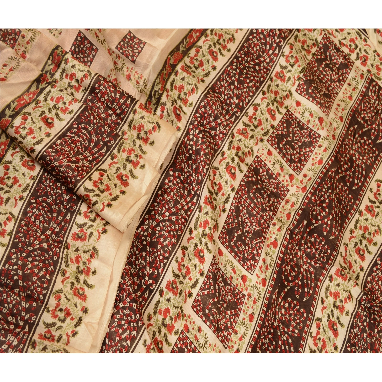 Sanskriti Vintage Ivory Indian Sarees Pure Silk Printed Sari Floral Craft Fabric, PR-58004-Ivory-Printed Floral Design-Pure Silk-1