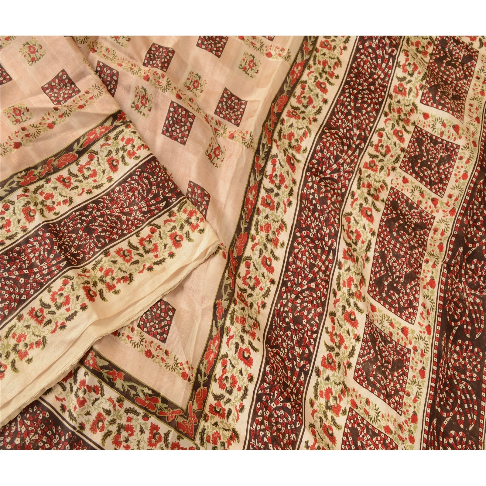 Sanskriti Vintage Ivory Indian Sarees Pure Silk Printed Sari Floral Craft Fabric, PR-58004-Ivory-Printed Floral Design-Pure Silk-2