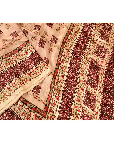 Sanskriti Vintage Ivory Indian Sarees Pure Silk Printed Sari Floral Craft Fabric, PR-58004-Ivory-Printed Floral Design-Pure Silk-2