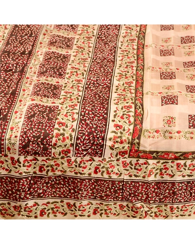 Sanskriti Vintage Ivory Indian Sarees Pure Silk Printed Sari Floral Craft Fabric, PR-58004-Ivory-Printed Floral Design-Pure Silk-3