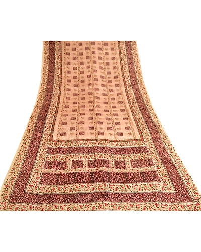 Sanskriti Vintage Ivory Indian Sarees Pure Silk Printed Sari Floral Craft Fabric, PR-58004-Ivory-Printed Floral Design-Pure Silk-7
