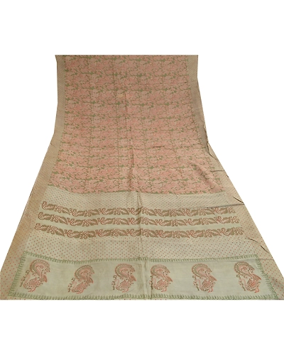 Sanskriti Vintage Sarees Green Screen Print Pure Silk Peacock Sari Craft Fabric, PR-58008-Green-Printed Floral Design-Pure Silk-7
